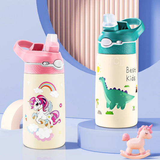 Garrafa de água infantil com desenho de animal 400ml, copo infantil com canudo, garrafa térmica